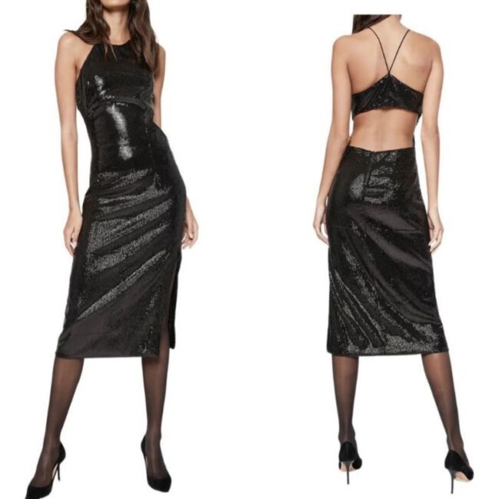 BARDOT Easton Open Back Black Sequin Midi Slipdress NEW